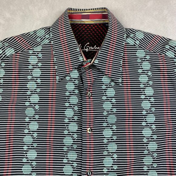 Robert Graham Mens Shirt Medium Black Red Blue Striped Pixel Pattern Button Up - Picture 2 of 11